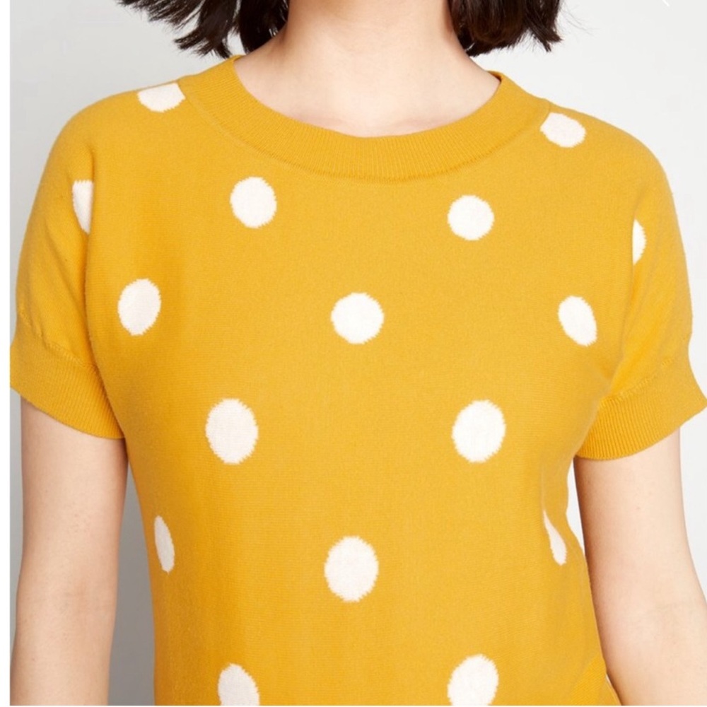 ModCloth Mustard Yellow Polka Dot Short Sleeve Sweater - Picture 2 of 12